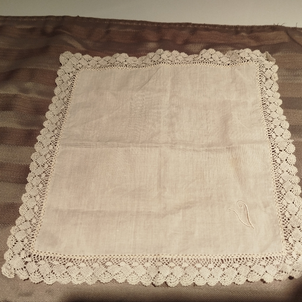 Handmade Belgian Lace-Trimmed Doily, With Letter "V"